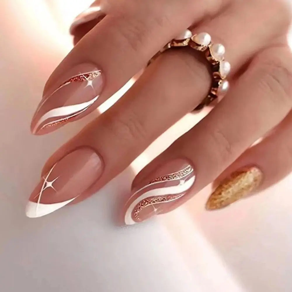 24Pcs Long Almond False Nails Set DIY Manicure-41