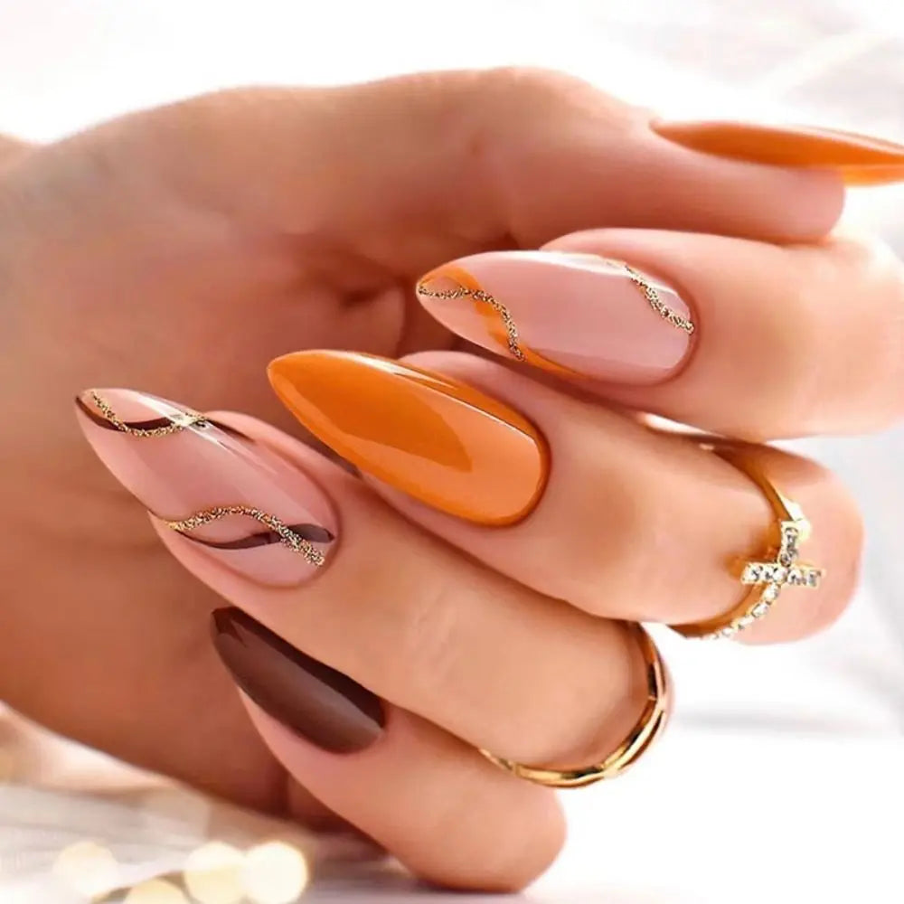 24Pcs Long Almond False Nails Set DIY Manicure-37