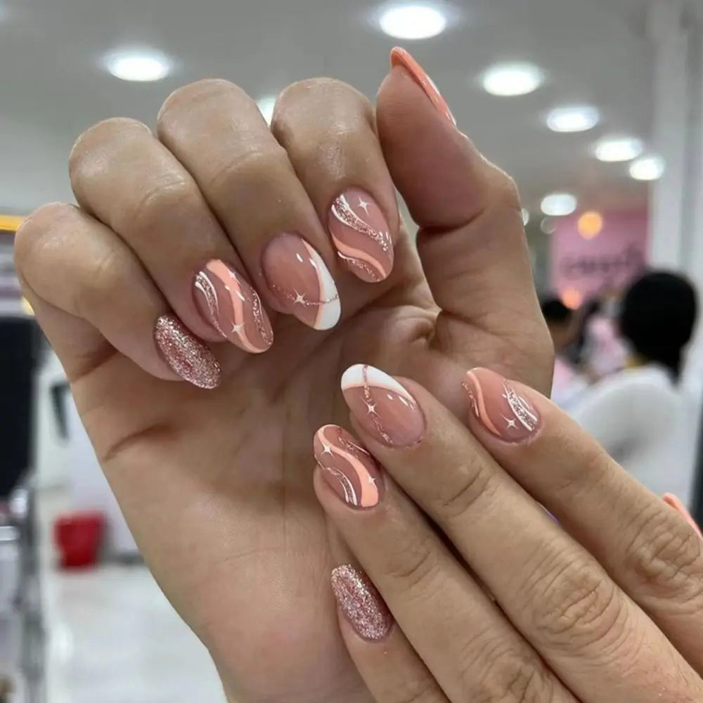 24Pcs Long Almond False Nails Set DIY Manicure-14