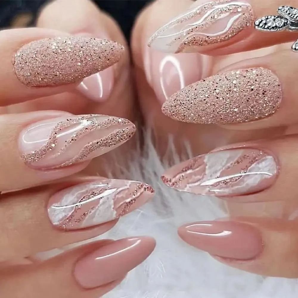 24Pcs Long Almond False Nails Set DIY Manicure-5