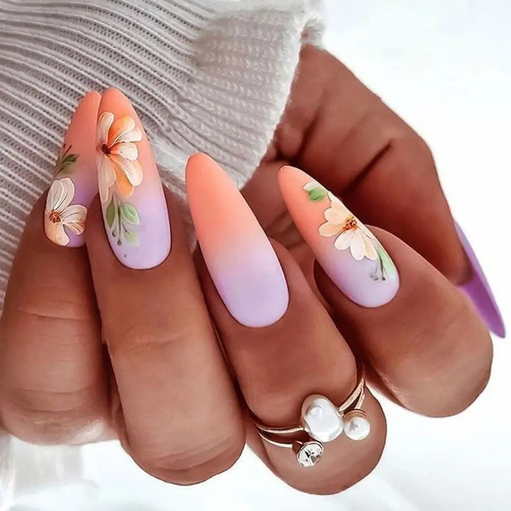 24Pcs Long Almond False Nails Set DIY Manicure-49
